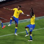 Aubameyang of Gabon celebrates his goal with his team mates after scoring against Burkina Faso during the 2015 African Cup of Nations soccer tournament Group A at Bata Stadium, in Bata